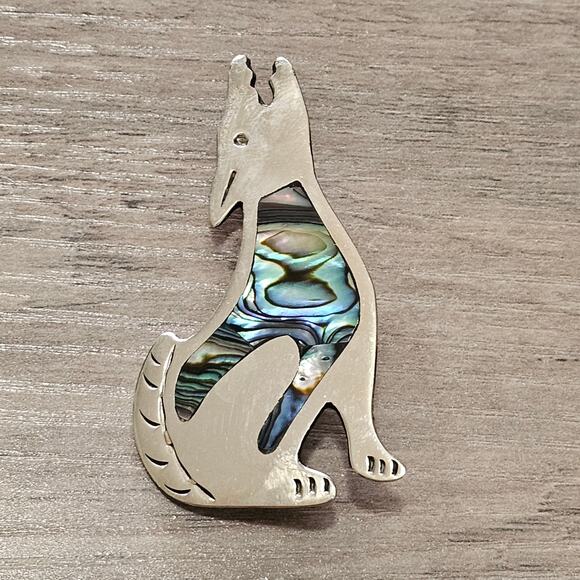 Vintage Alpaca Silver & Abalone Howling Wolf Brooch Pin - Picture 1 of 6